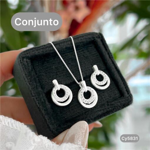 Cy5831 - Conjunto Colar 45Cm E Brinco Círculos Com Zircônia