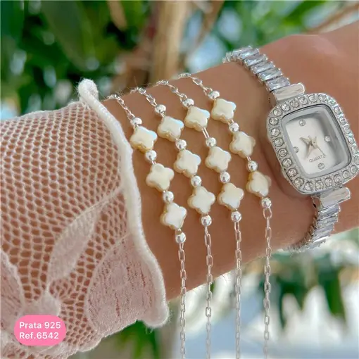 Cy6542 - Pulseira Pérola 18Cm Elo Cadeado Longo 3 Trevos Pérola