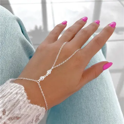 Cy6739 - Pulseira Hand Chain 20cm Elo Português 2 Zircônias 5mm