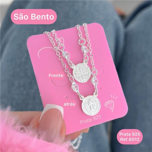 Cy6012 - Colar 45Cm Medalha São Bento Elo Cadeado 2 Zircônias