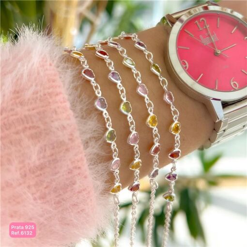 Cy6132 - Pulseira 18Cm Elo Portugues Com 9 Corações Zircônias
