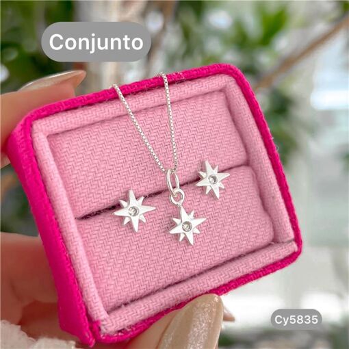 Cy5835 - Conjunto Colar 45Cm E Brinco Estrela Cadente Com Zircôn