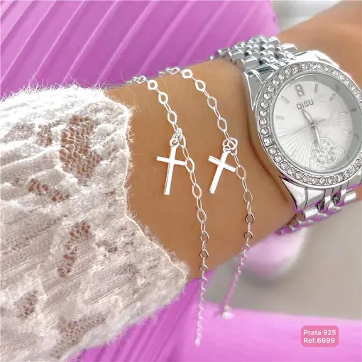Cy6699 - Pulseira Cruz Elo Oval 18cm com Pingente