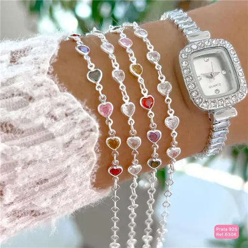 Cy6308 - Pulseira 18Cm Elo Losango 9 Corações Zircônia 5Mm