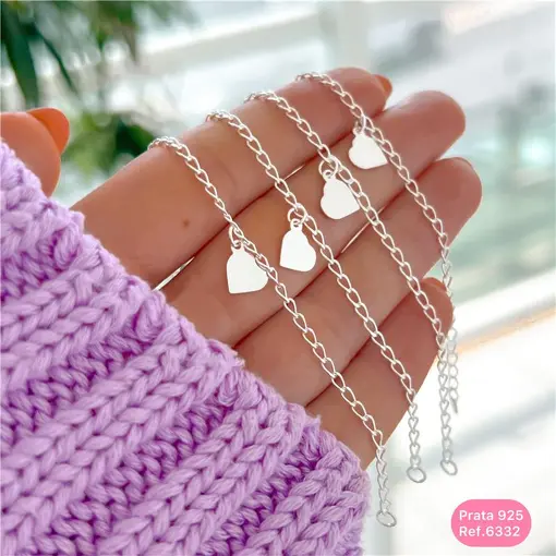 Cy6332 - Pulseira Infantil 14Cm Elo Grumet Longo Pingente Coraçã