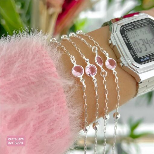 Cy5779 - Pulseira 18Cm Elo Cadeado Longo Zircônia E Duas Bolinha