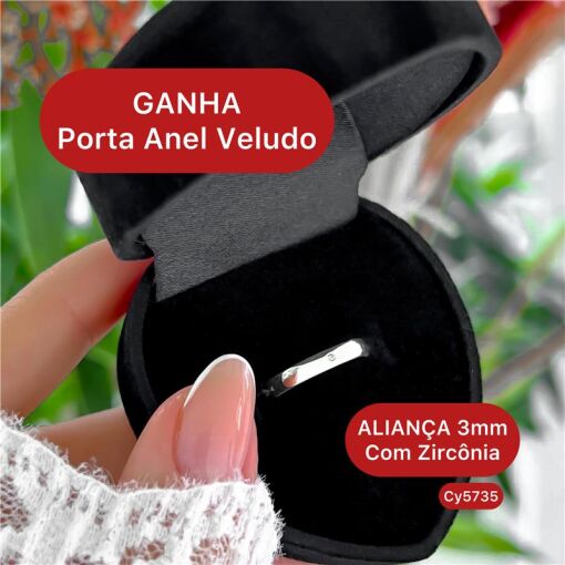 Cy5735 - Aliança 3Mm Lisa Com Zircônia Ganha Porta Anel Veludo