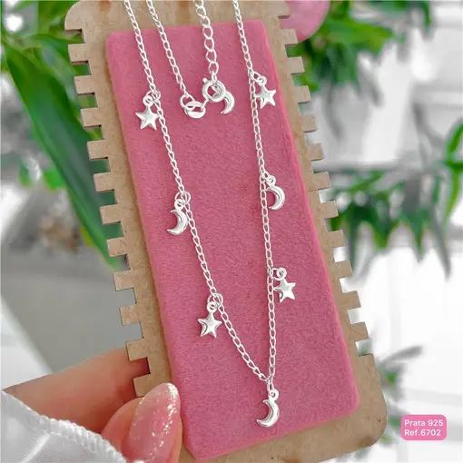 Cy6702 - Colar Elo Cartier Pingentes Estrelas e Lua 40cm