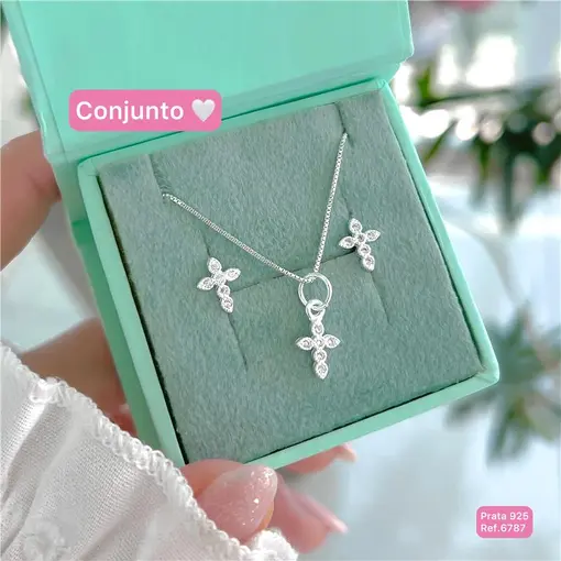 Cy6787 - Conjunto Cruz Cristais Colar 45cm + Brinco