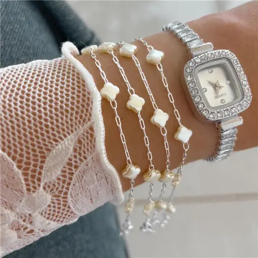 Cy6547 - Pulseira Pérola 18Cm Elo Cadeado Longo 6 Trevos Pérola