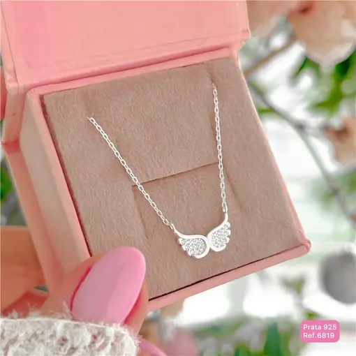 Cy6819 - Colar Asas Cravejadas 45cm Corrente  Elo Cadeado