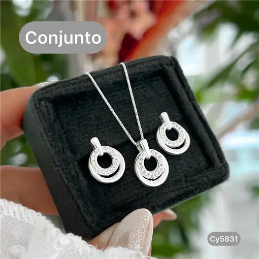 Cy5831 - Conjunto Colar 45Cm E Brinco Círculos Com Zircônia