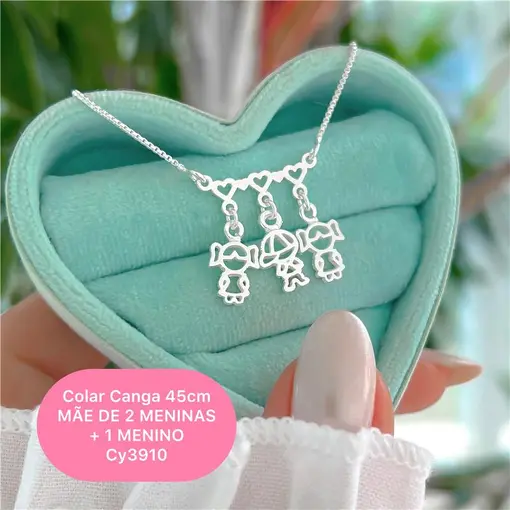 Cy3910 - Colar Canga Corações 45Cm Mãe De 2 Meninas E 1 Menino