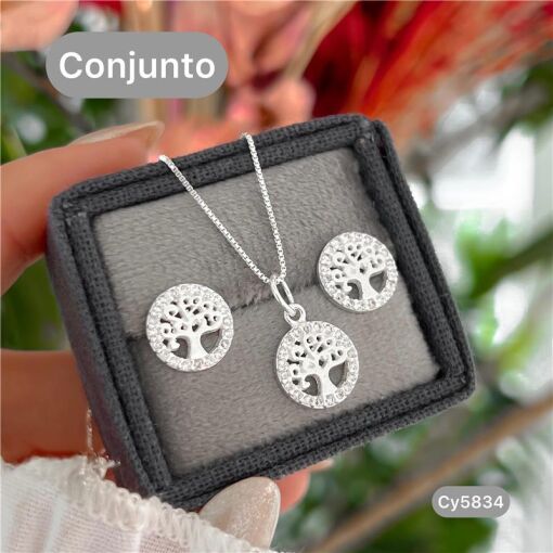 Cy5834 - Conjunto Colar 45Cm E Brinco Medalha Árvore Da Vida Com