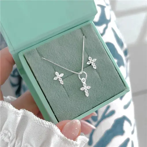 Cy6787 - Conjunto Cruz Cristais Colar 45cm + Brinco