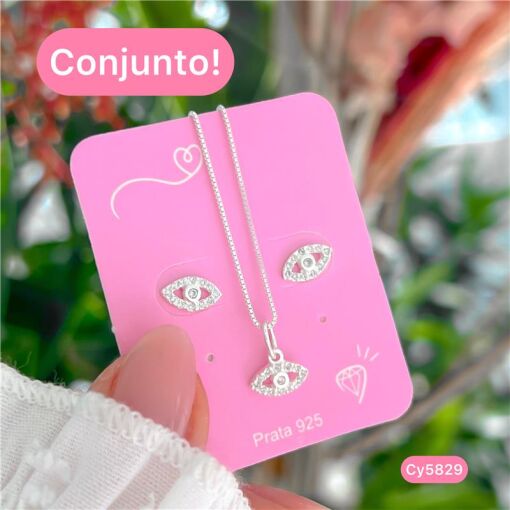 Cy5829 - Conjunto Colar 45Cm E Brinco Olho Grego Com Zircônia