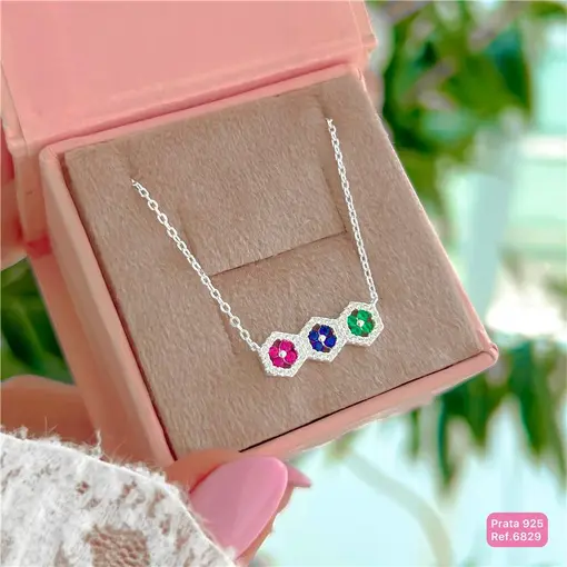 Cy6829 - Colar 45cm Geométrico Colors Zirconias Corrente Elo Cad