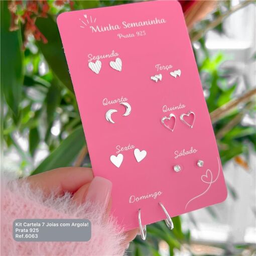 Cy6063 - Kit 7 Joias Prata 925 Cartela Semaninha Brincos Com Cor