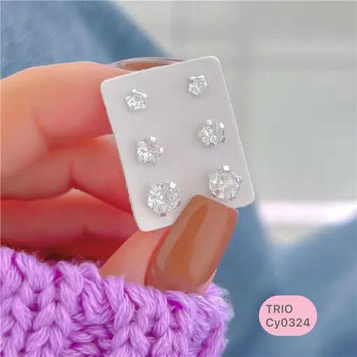 Cy0324 - Trio Brinco Zircônia Cristal 3Mm,4Mm E 5Mm