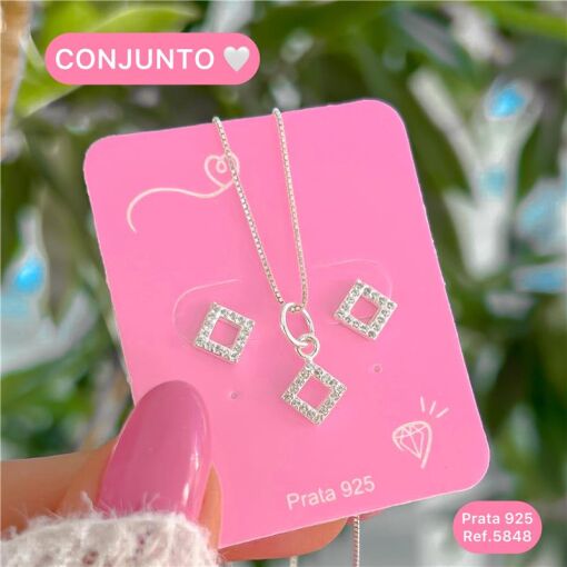 Cy5848 - Conjunto Colar 45Cm +  Brinco Quadrado Com Borda Em Zir