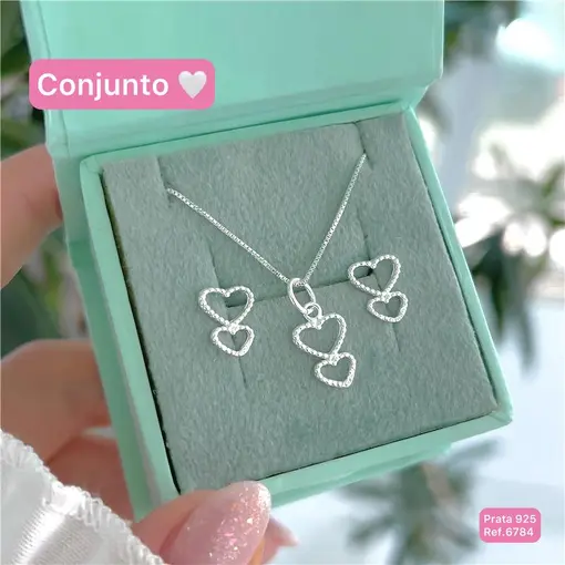 Cy6784 - Conjunto Coração Duplo Colar 45cm + Brinco
