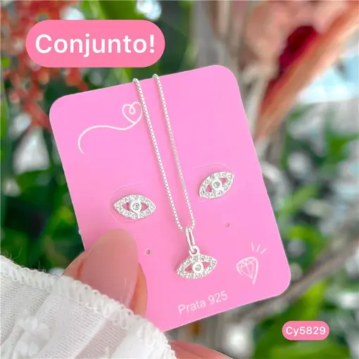 Cy5829 - Conjunto Colar 45Cm E Brinco Olho Grego Com Zircônia