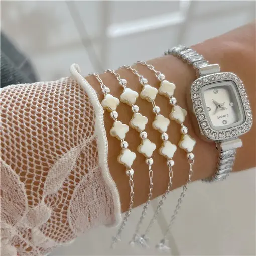 Cy6542 - Pulseira Pérola 18Cm Elo Cadeado Longo 3 Trevos Pérola