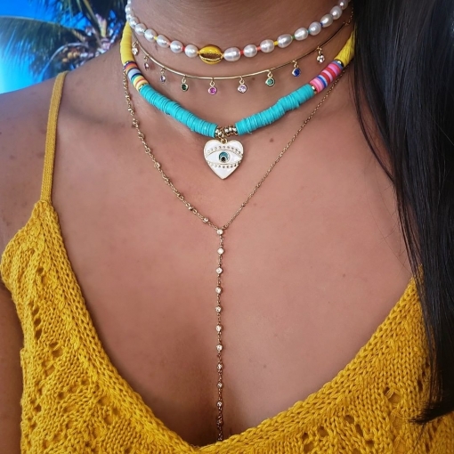 Colar choker pérolas shell e búzios rainbow