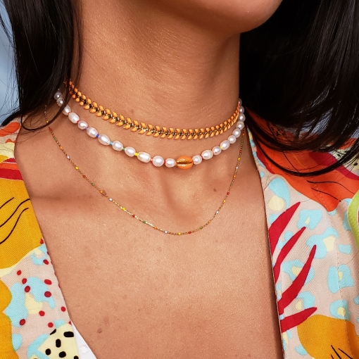 Colar choker pérolas shell e búzios rainbow