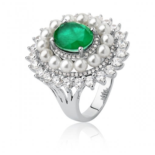 Anel oval fusion, pérolas e zircônias redondas