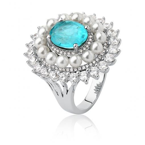 Anel oval fusion, pérolas e zircônias redondas
