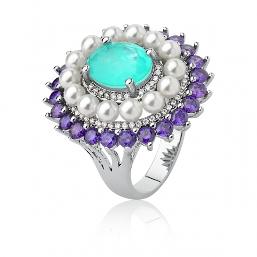 Anel oval fusion, pérolas e zircônias redondas