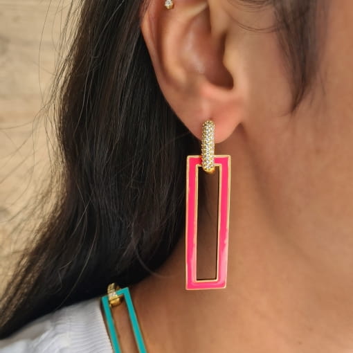 Brinco Banhado Argola com Pingente Retangular Resinado