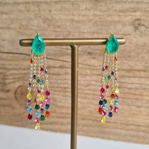 BRINCO FOLHEDO GOTA FUSION CARREIRAS ZIRCÔNIA RAINBOW