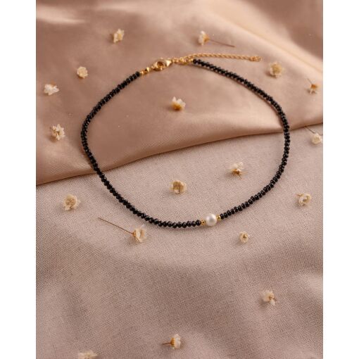 Colar Banhado A Ouro 18K Cristal Preto Pérola Água Doce