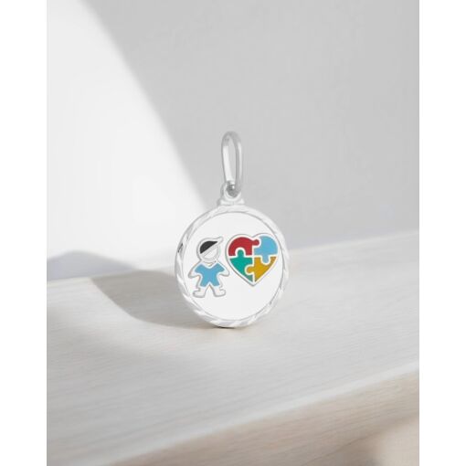 Pingente Prata 925 Medalha Menino Autismo Com Resina Colorida