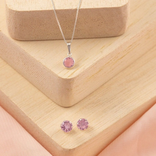 Conjunto Colar + Brinco Prata 925 Zircônia Rosa Redonda