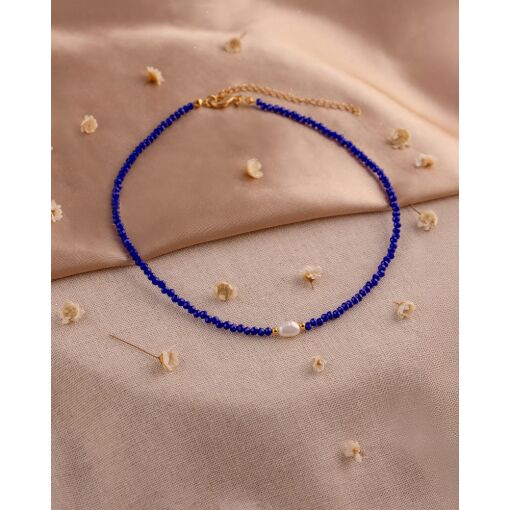 Colar Banhado A Ouro 18K Cristal Azul Pérola Água Doce