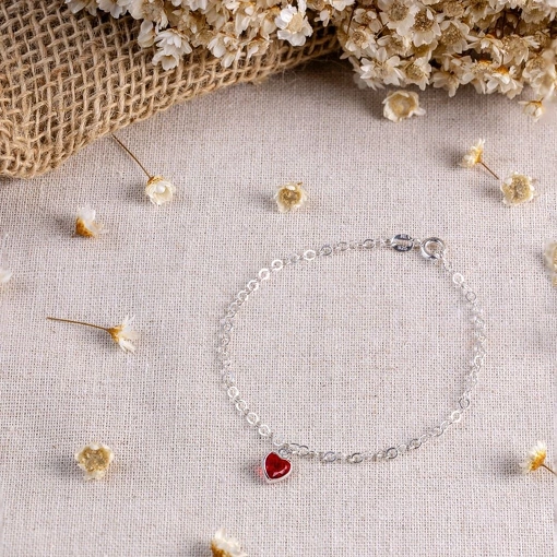 Pulseira Prata 925 Coração Com Zircônia Vermelha