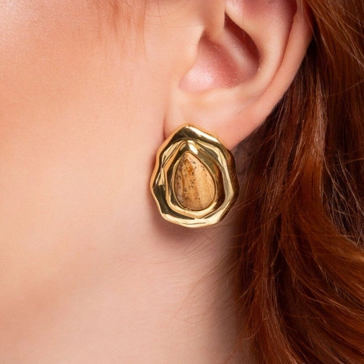 Brinco Banho de Ouro 18k Gota Jaspe Madeira