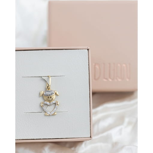 Pingente Ouro 18K Menina Coração Com Brilhantes