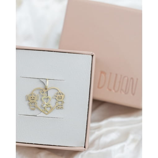 Pingente Ouro 18K Coração Casal Filhos Com Zircônia Branca