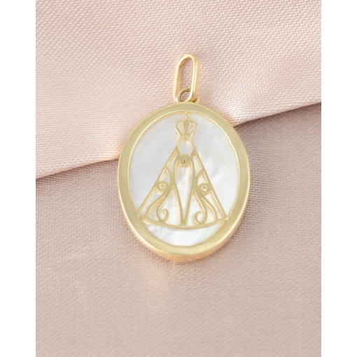 Pingente Ouro 18K Nossa Senhora Aparecida Com Madrepérola