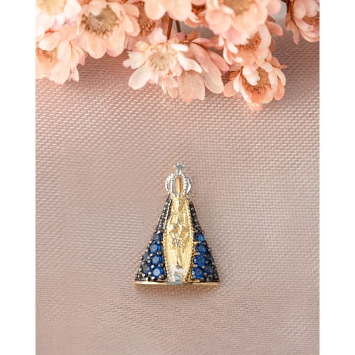 Pingente Ouro 18K Nossa Senhora Aparecida Com Zircônia Azul