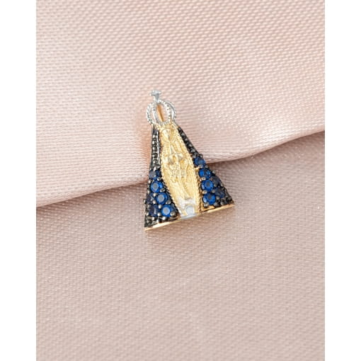 Pingente Ouro 18K Nossa Senhora Aparecida Com Zircônia Azul