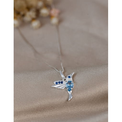 Pingente Prata 925 Beija Flor Com Zircônia Azul Claro