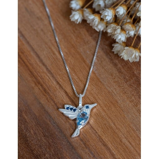 Pingente Prata 925 Beija Flor Com Zircônia Azul Claro