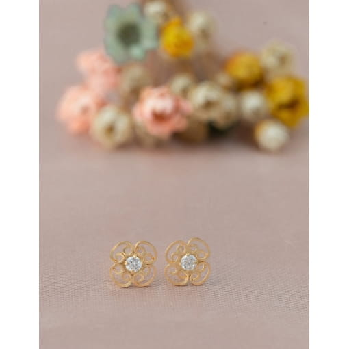 Brinco Ouro 18K Infantil Tarraxa Baby Flor Com Zircônia Branca