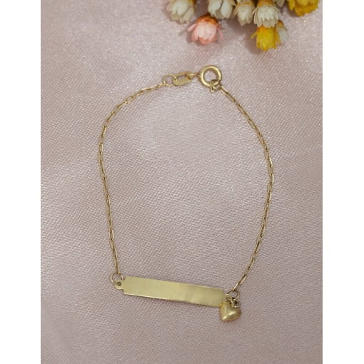 Pulseira Infantil Ouro 18K Coração Chapa Com Opção De Gravação