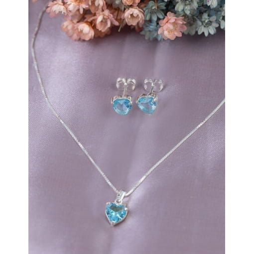 Conjunto Colar + Brinco Prata 925 Coração Com Zircônia Azul